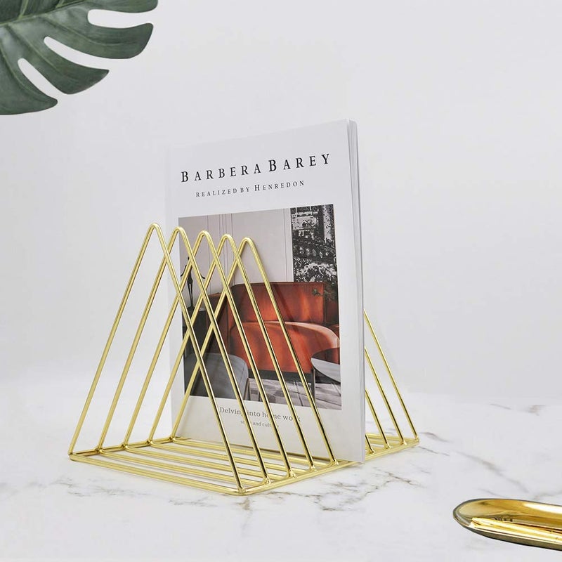 EASEPRES Gold File Holder Organizer, Triangle Record Album Holder Magazine Wire Rack, 9 Slot Multifunction Desktop Storage Decor for Home Office - Image 2